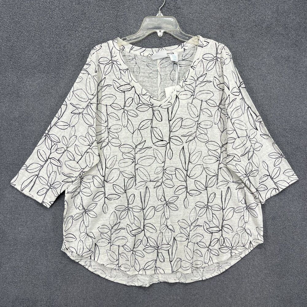Cynthia Rowley Top Women 2X 100% Linen White Black Floral 3/4‎ sleeve Blouse